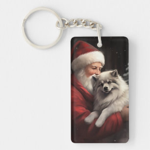 Keeshond With Santa Claus Festive Christmas Key Ring