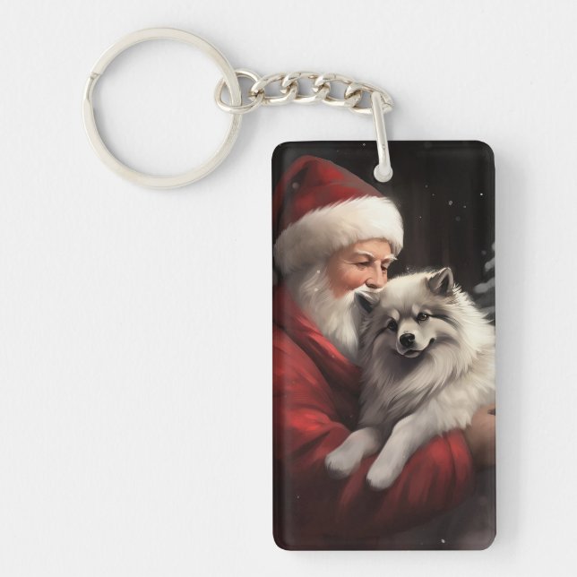 Keeshond With Santa Claus Festive Christmas Key Ring (Front)