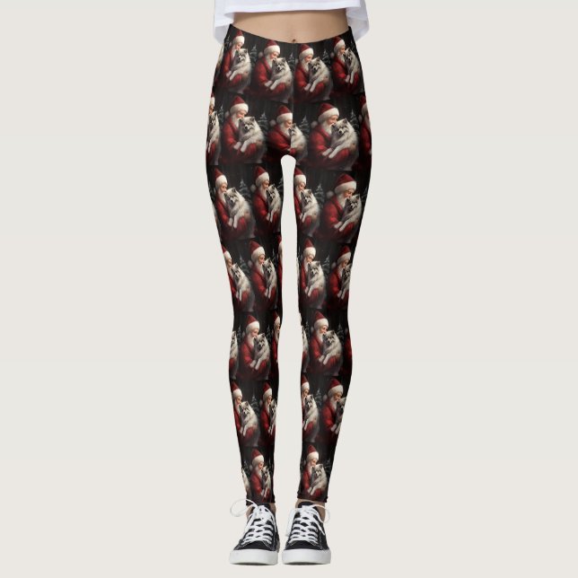 Keeshond With Santa Claus Festive Christmas Leggings (Front)