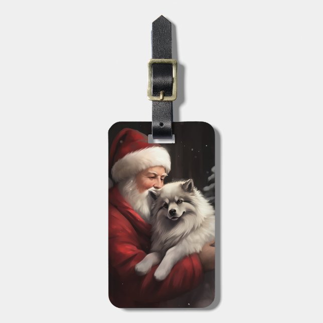 Keeshond With Santa Claus Festive Christmas Luggage Tag (Front Vertical)