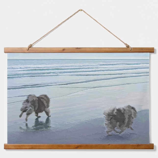 Keeshonds at the Seashore Painting Dog Art Hanging Tapestry (Front)