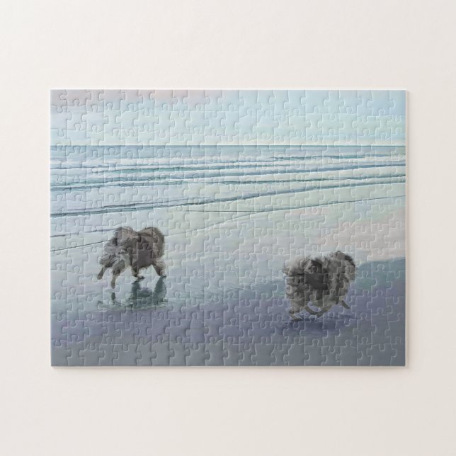 Keeshonds at the Seashore Painting Dog Art Jigsaw Puzzle (Horizontal)