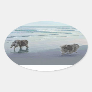 Keeshonds at the Seashore Painting Dog Art Oval Sticker