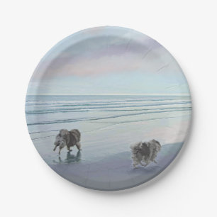 Keeshonds at the Seashore Painting Dog Art Paper Plate