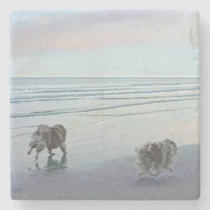 Keeshonds at the Seashore Painting Dog Art Stone Coaster