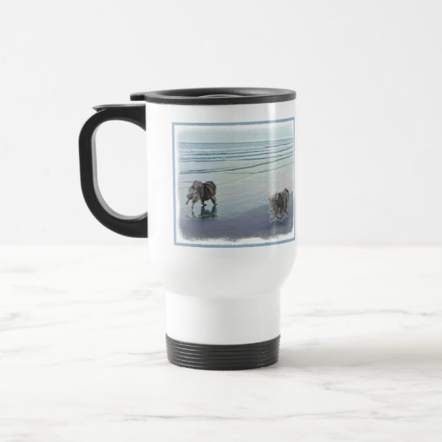 Keeshonds at the Seashore Painting Dog Art Travel Mug (Left)