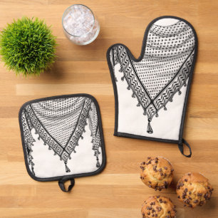 Keffiyeh Palestinian Scarf Traditional Fabric Oven Mitt & Pot Holder Set