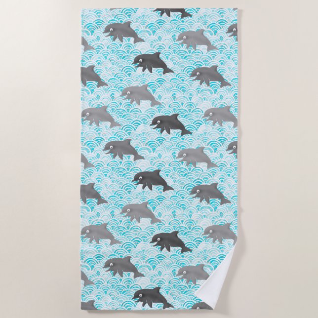 Keiki Watercolor Dolphin Wave Beach Towel (Front)