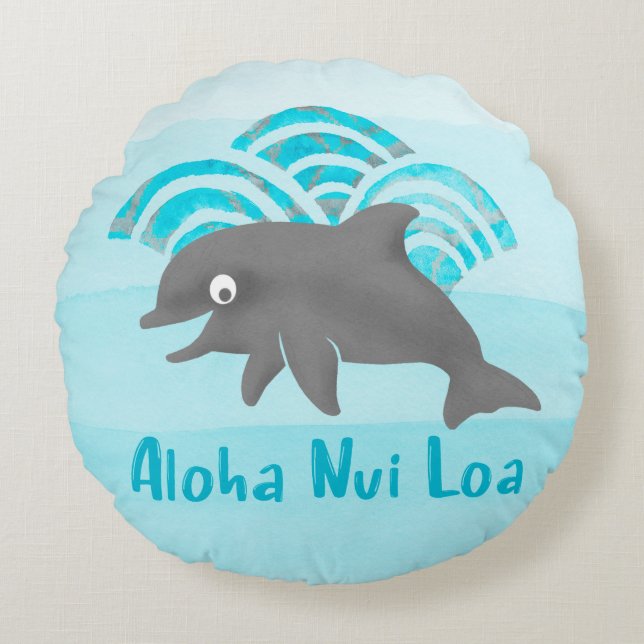 Keiki Watercolor Dolphin Wave Engineer Reversible Round Cushion (Front)