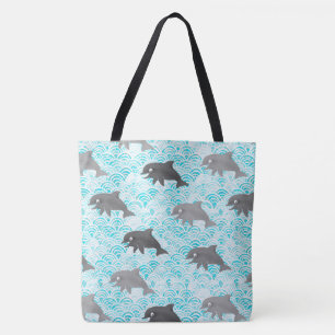 Keiki Watercolor Dolphin Wave Reversible Tote Bag