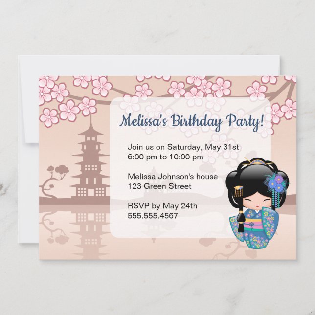 Keiko Kokeshi Doll - Blue Kimono Birthday Party Invitation (Front)