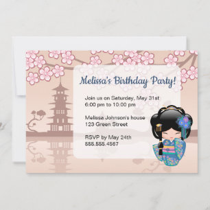 Keiko Kokeshi Doll - Blue Kimono Birthday Party Invitation