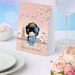 Keiko Kokeshi Doll Blue Kimono Geisha Beige