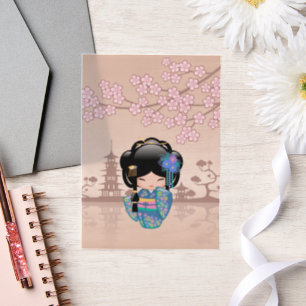Keiko Kokeshi Doll Blue Kimono Geisha Beige Insert Vellum Invitations