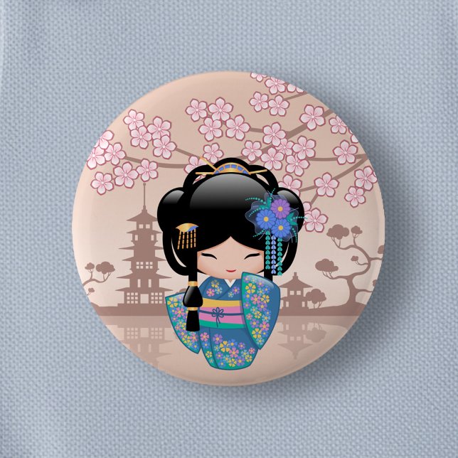 Keiko Kokeshi Doll - Blue Kimono Geisha Girl 6 Cm Round Badge (Creator Uploaded)