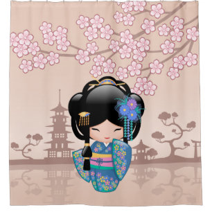 Keiko Kokeshi Doll Blue Kimono Geisha Girl Beige Shower Curtain