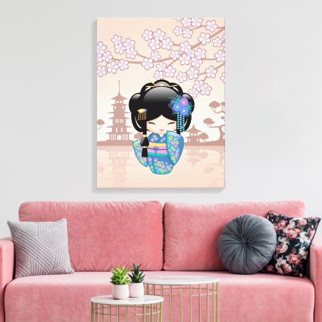 Keiko Kokeshi Doll - Blue Kimono Geisha Girl Canvas Print (Insitu(LivingRoom))