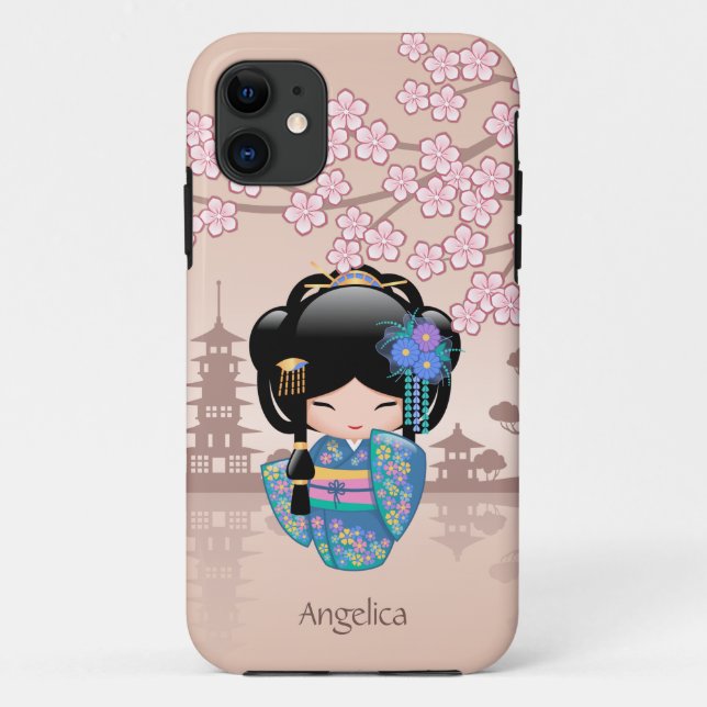 Keiko Kokeshi Doll - Blue Kimono Geisha Girl Case-Mate iPhone Case (Back)