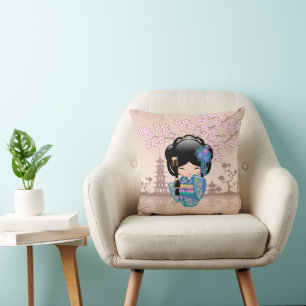 Keiko Kokeshi Doll - Blue Kimono Geisha Girl Cushion