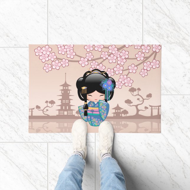 Keiko Kokeshi Doll - Blue Kimono Geisha Girl Doormat (Indoor)