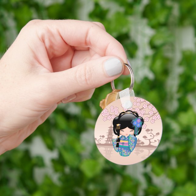Keiko Kokeshi Doll - Blue Kimono Geisha Girl Key Ring (Hand)