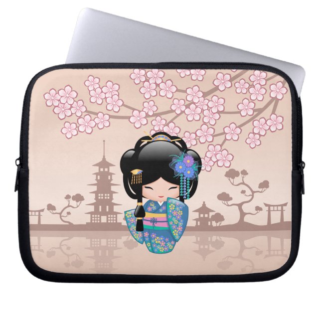 Keiko Kokeshi Doll - Blue Kimono Geisha Girl Laptop Sleeve (Front)