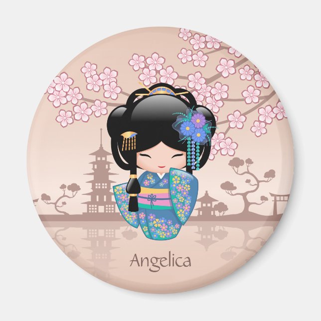 Keiko Kokeshi Doll - Blue Kimono Geisha Girl Magnet (Front)