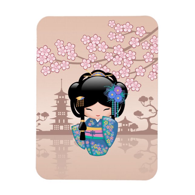 Keiko Kokeshi Doll - Blue Kimono Geisha Girl Magnet (Vertical)