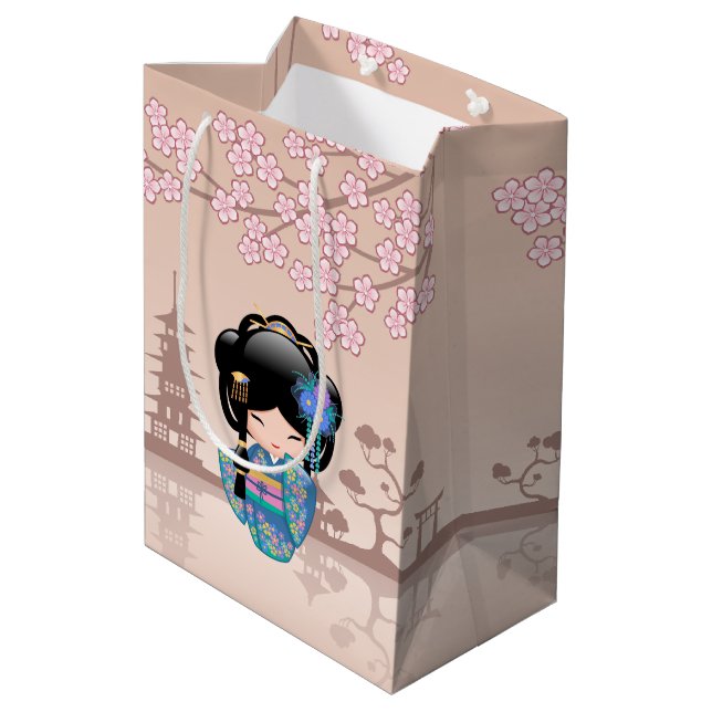 Keiko Kokeshi Doll - Blue Kimono Geisha Girl Medium Gift Bag (Back Angled)