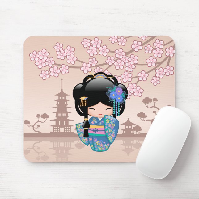 Keiko Kokeshi Doll - Blue Kimono Geisha Girl Mouse Mat (With Mouse)