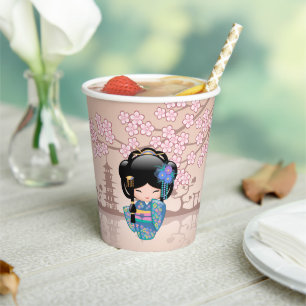 Keiko Kokeshi Doll - Blue Kimono Geisha Girl Paper Cups
