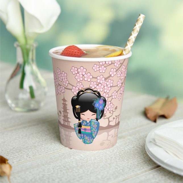 Keiko Kokeshi Doll - Blue Kimono Geisha Girl Paper Cups (Insitu)