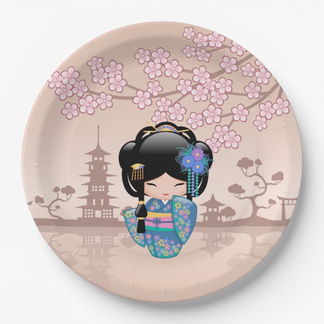 Keiko Kokeshi Doll - Blue Kimono Geisha Girl Paper Plate (Front)