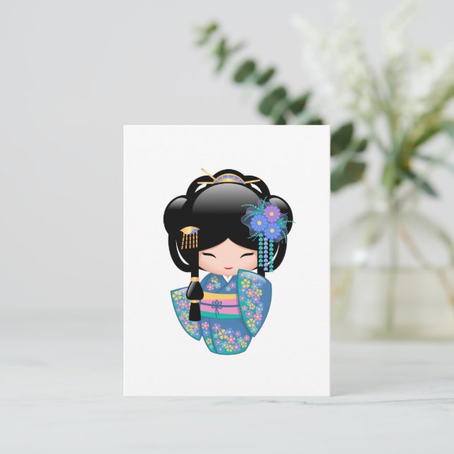 Keiko Kokeshi Doll - Blue Kimono Geisha Girl Postcard (Standing Front)