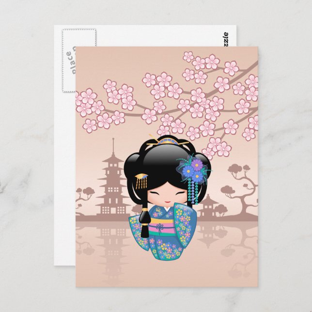 Keiko Kokeshi Doll - Blue Kimono Geisha Girl Postcard (Front/Back)