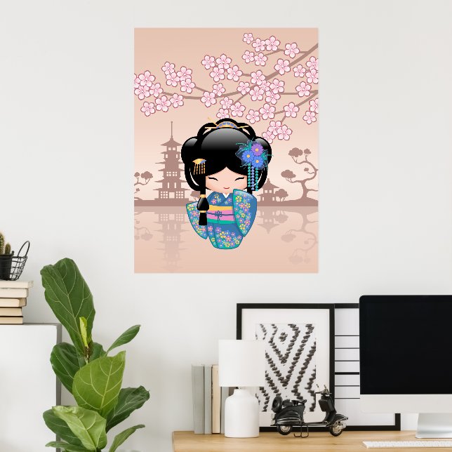 Keiko Kokeshi Doll - Blue Kimono Geisha Girl Poster (Home Office)