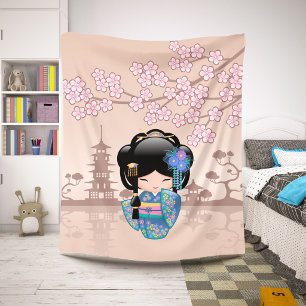 Keiko Kokeshi Doll - Blue Kimono Geisha Girl Sherpa Blanket