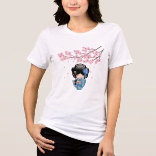Keiko Kokeshi Doll - Blue Kimono Geisha Girl Tri-Blend Shirt