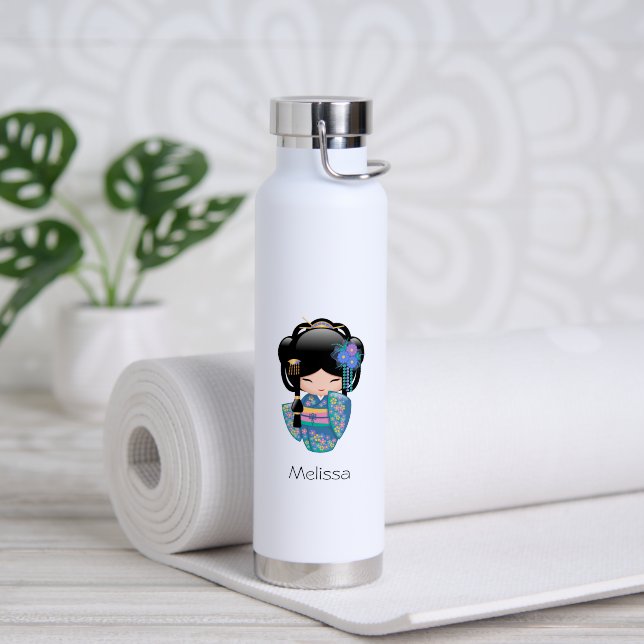 Keiko Kokeshi Doll - Blue Kimono Geisha Girl Water Bottle (Yoga (Rotated))