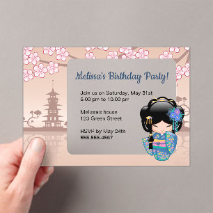 Keiko Kokeshi Transparent Window Birthday Beige Acrylic Invitations