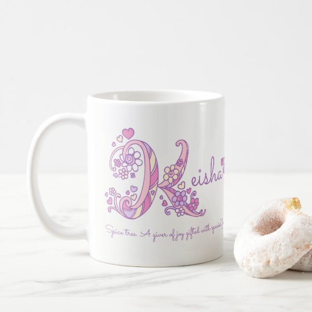 Keisha name meaning decorative K monogram pastel Coffee Mug (With Donut)
