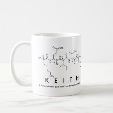 Mug featuring the name Keith spelled out in the single letter amino acid code