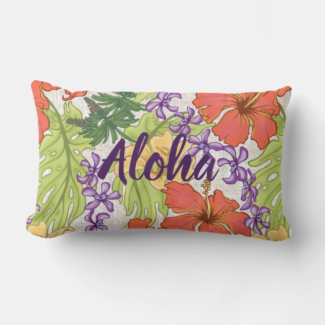Keleah Tropical Hawaiian Hibiscus and Orchids Lumbar Cushion (Front)