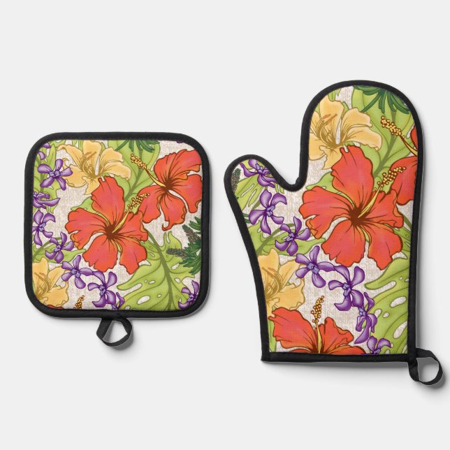 Keleah Tropical Hawaiian Hibiscus and Orchids Oven Mitt & Pot Holder Set (Front)