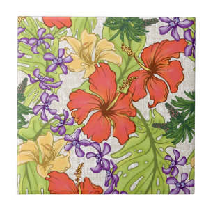 Keleah Tropical Hawaiian Hibiscus and Orchids Tile