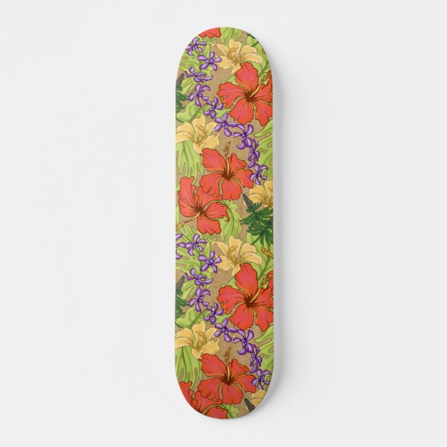 Keleah Tropical Hawaiian Hibiscus Faux Wood Skateboard (Front)