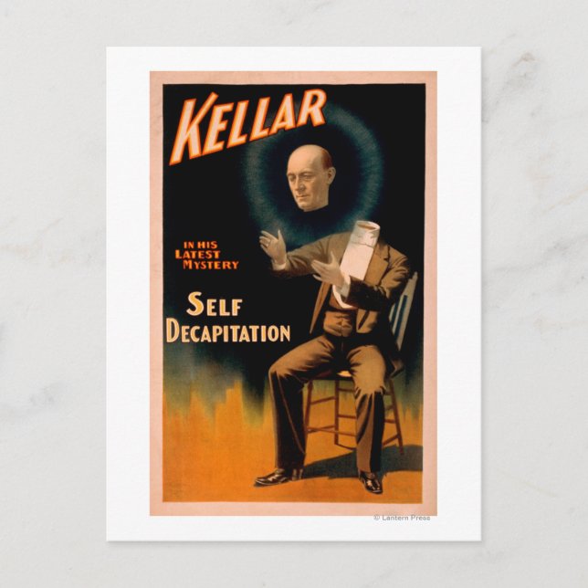 Kellar performing Self Decapitation Magic Postcard (Front)