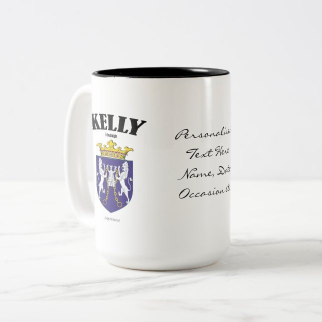 Kelly Family Crest, Translation & Meaning Two-Tone Coffee Mug (Front Left)