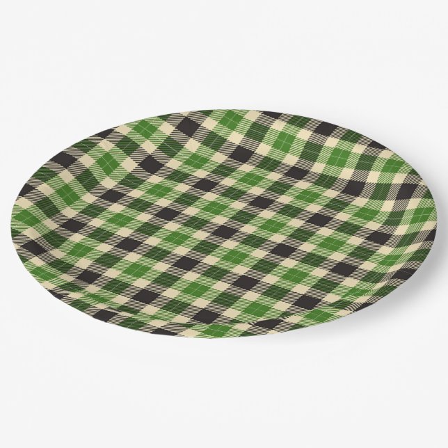 Kelly Green and Black Tartan Plaid Paper Plates (Angled)