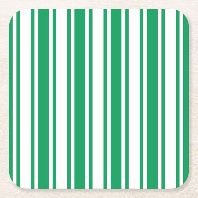 Kelly green and white candy stripes square paper coaster (Front)